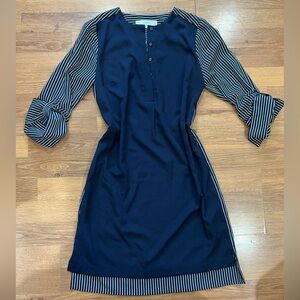LOFT Navy Blue High-Low Dress with Striped Sleeves